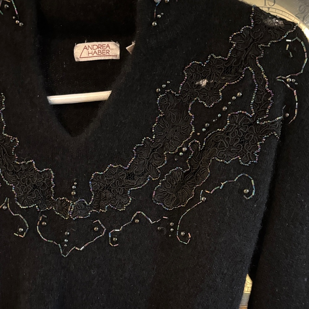 Andrea Harbor Black Beaded and Lace Rabbit Hair Sweater - Picture 2 of 5